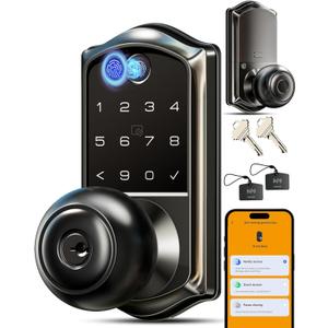Veise VE018 Smart Knob Handle Lock - Fingerprint, App Control, Keyless Entry for Front Door and Bedroom, Electronic Digital Keypad, Auto Lock, Remote Access Sharing, IP55 Weatherproof, Matte Black