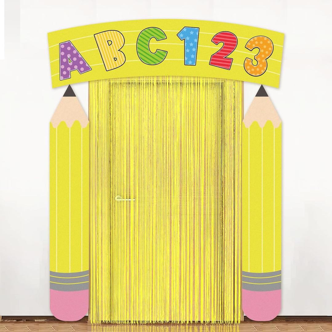 4 Pack Back to School Door Cover Banner | Pencil Ruler Shape Classroom Decoration with Foil Fringe Curtain Hanging School Porch Sign Photo Background for Indoor School