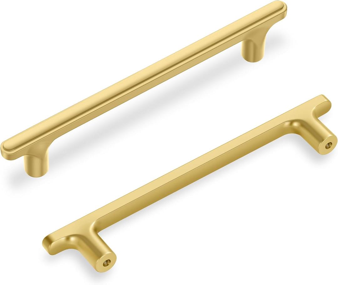 Lardmon 10 Pack Brushed Gold Modern Cabinet Pulls 6.5 Inch(165mm) Total Length | 5 Inch(128mm) Hole Center Bar Pulls Kitchen Cabinet Handles Solid Drawer Pulls Heavy Duty Kitchen Cabinet Hardware
