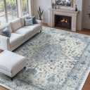 Area Rugs 9'x12' Washable Non-Slip, Floral Vintage Distress Print Pattern Medallion Carpet for Living Room Bedroom Dining Room, Light Blue Navy Beige Gray White