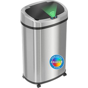 iTouchless Glide 13 Gallon Rolling Sensor Kitchen Trash Can with Lid and Wheels, Odor Filter, Stainless Steel Automatic Kitchen Trashcan Home Office Bedroom Living Room Garage Wastebasket Garbage Bin