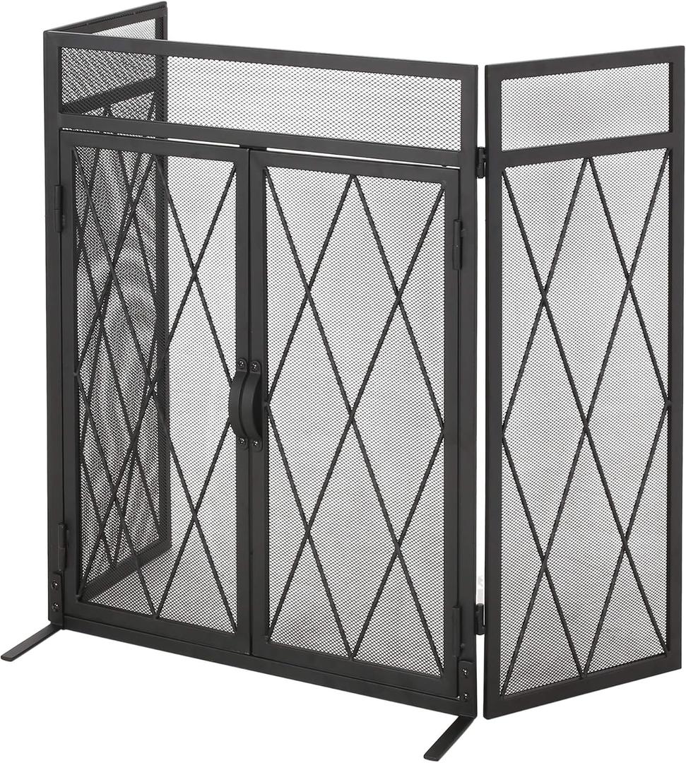 Laurel Modern Iron Folding Fireplace Screen with Door, Matte Black
