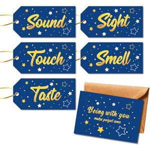 TQQBUU Gold Foil 5 Senses Gift Tags with String and Greeting Cards - 5 Sense Tags for Him or Her, Perfect for Anniversary, Valentine's Day, Birthday(8"*6") - Golden Blue