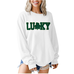 BOUTIKOME St Patricks Day Lucky Sweatshirts Women Sequin Glitter Patch Shamrock Shirt Chenille Oversized Clover Pullover Tops, Medium