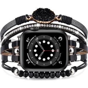 VISOOM Beaded Boho Bracelet Compatible for Apple Watch Band 40mm/ 38mm/ 41mm Series 9 8 7 SE 6/ 5/ 4 Women Leather Fashion Cute Handmade Multilayer Wrap Watch Strap for iWatch Bands 3/ 2/ 1