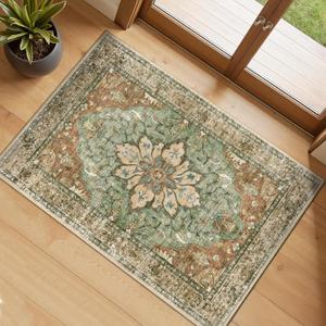 RELEANY Washable Area Rug, Small 2'x3', Brick/Brown/Green | Non-Slip, Water Repellent, Pet Friendly, Easy to Clean, Vintage Floral Boho Decor for Kitchen Entryway Bathroom