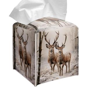 Grace Yonks Winter Tissue Box Cover Square, Two Deer in Snow Forest Design Cube Case for Facial Tissues, 5.2" PU Leather. (102)