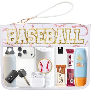 Bufilea Baseball Gift Clear Baseball Bag with Chenille Letter Patches, Waterproof PVC Toiletry Pouch with Wristlet, Large Portable Makeup Bag for Baseball Moms Essentials, Game Day & Travel Organizer