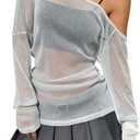 SOLY HUX Womens Sheer Mesh Loose Long Sleeve T Shirt (Gray, L)