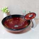 Red Glass Vessel Sink with Faucet and Drain Combo 16 Inch Tempered Glass Bathroom Sink Above Counter, Round Bathroom Basin Bowl, Medium