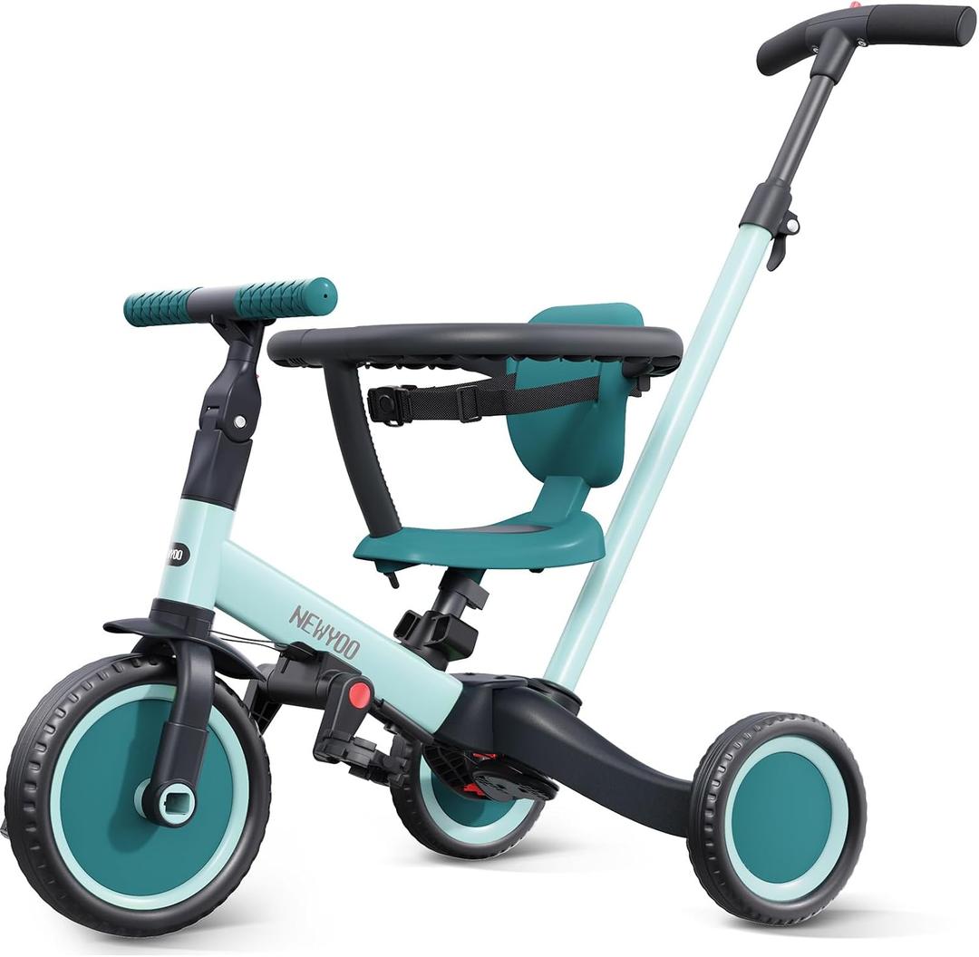 Newyoo TR008 Toddler Push Tricycle, Toddler Bike for 1-3 Years Olds, Birthday Gift for Boys and Girls, 5 in 1 Balance Bike with Handle, Kids Trike with Safe Bar, Green
