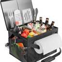 FANGSUN Black Grill Caddy, BBQ Organizer with Lid & Paper Towel Holder, Picnic Griddle Caddy for Outdoor Camping, Barbecue Accessories Organizer, 32L, Black