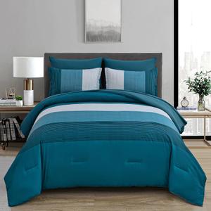 Teal Blue Queen Comforter Set, Blue Striped Bed in a Bag Soft Bedding Set All Season Patchwork Bed Set Microfiber 7 Piece Filling Comforter, Flat/Fitted Sheets and Pillowcase 90"x90"