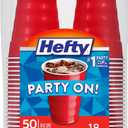 Hefty Party On Disposable Plastic Party Cups, 50 Count, 18 Oz Red Cups for Parties, Tailgates, Birthdays, Holidays, and More, Contoured Shape for Easy Gripping, Strong and Durable