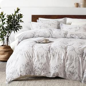 100% Natural Cotton 3pcs Floral Duvet Cover Sets-Grayish White Duvet Cover with Gray Luxurious Flowers & Branches Pattern,Botanical Comforter Cover Sets with Button Closure, Botanical (King, 104"90")