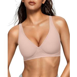 OEAK Womens Deep V Bras Wireless Comfortable Bra Supportive No Underwire Bras Tshirt Push Up Bralettes Plunge Seamless Bra (L)
