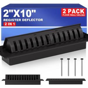 2x10 Floor Register with Vent Deflector, 2 in 1 Adjustable Floor Vent Covers, Floor Vent Deflector Includes Mounting Screws for Floor & Wall for Easy Install, Toe Kick Vent Cover, Black, 2 Pack