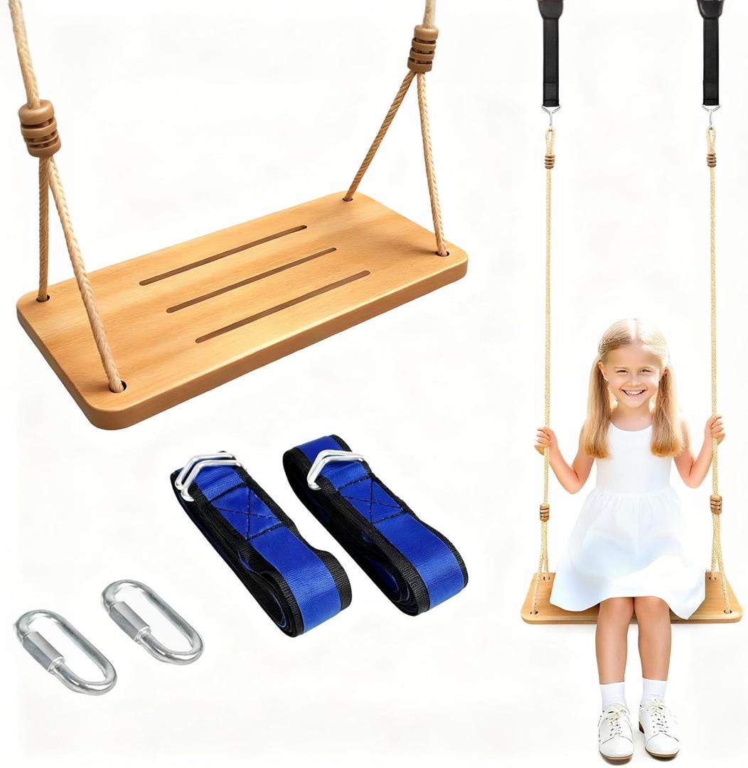 500LBS Waterproof Wooden Swing Seat Hermetic Oil Sealing for Outdoor Indoor, 16" x 7" x 0.8" Adjustable Hanging Tree Straps for Adults & Kids, Bamboo Wood Swing Set Accessories for Backyard Playground, Burlywood