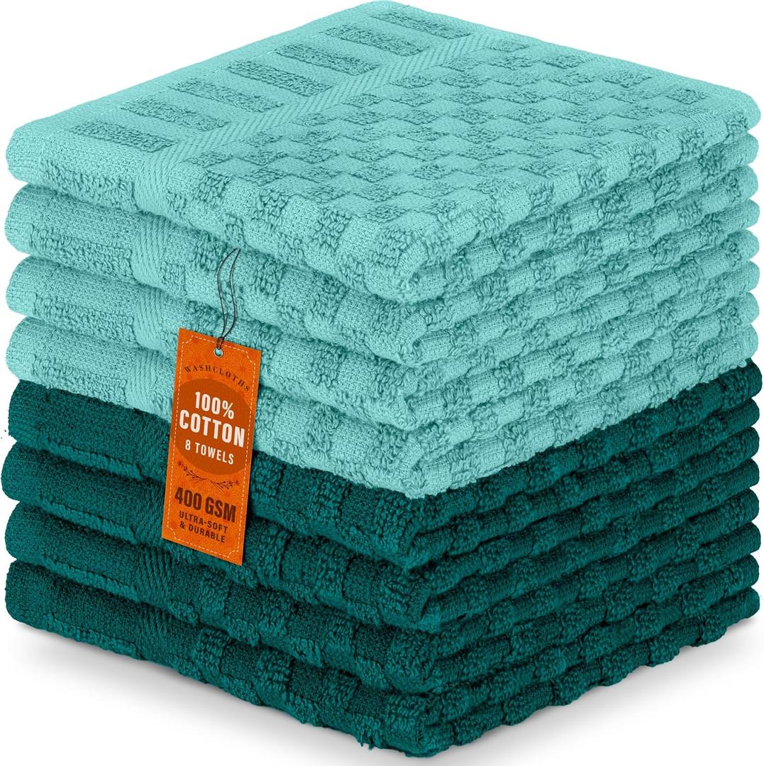 DecorRack 8 Pack 100% Cotton Wash Cloth, Luxurious Soft, 12 x 12 inch Ultra Absorbent Jacquard Towels, Machine Washable Washcloths, Teal Set (8 Pack)