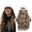 Synthetic Wig Hat with Natural Wave hair Extensions attached for woman Baseball cap wig Mix Brown Blonde curly wavy Hairstyle Adjustable Beige Hat Wig (Mi brown blonde, 22inch)