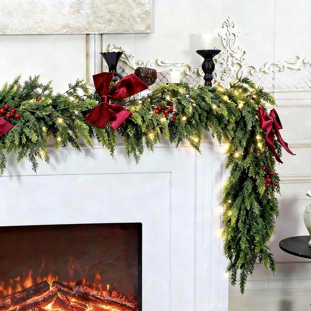 6ft Christmas Garland with Lights, Lighted Cedar Garland for Mantle, Prelit Real Touch Artificial Green Christmas Winter Garland with Large Burgundy Velvet Bow for Indoor Outdoor Decor