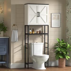 Over The Toilet Storage Cabinet, Bathroom Above Toilet Cabinet Organizer with Doors and Adjustable Shelves, Bathroom Shelf Organizer with Anti-Tip Device & Drain Rack, White, Medium