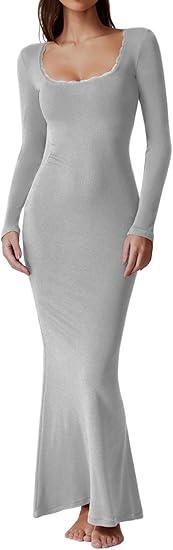 QINSEN Scoop Neck Long Sleeve Maxi Dress Ribbed Bodycon Dresses for Women Soft Lounge Dress Gray L