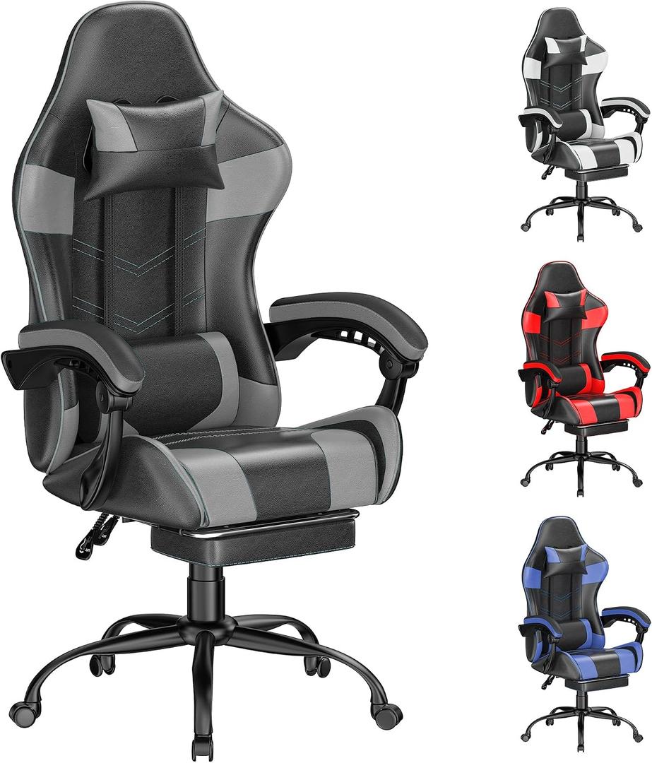 Gaming Chair with Footrest, Ergonomic Video Game Chair for Adults, Grey, 26.4 inches x 26 inches x 49.6 inches