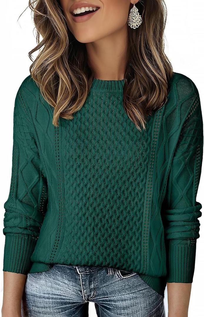 EVALESS Sweaters for Women Cable Knit Crewneck Pullover Sweater Tops Fall Winter Women's Clothing 2025 (Green, XXL)