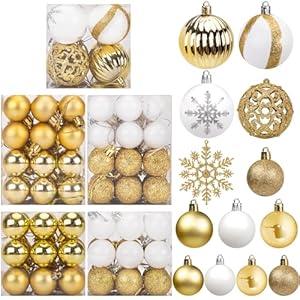 DomeStar 100PCS Christmas Tree Ornaments, Christmas Ball Set Glitter Shatterproof Baubles Snowflakes Gold White for Xmas Tree Wreath Christmas Party Wedding