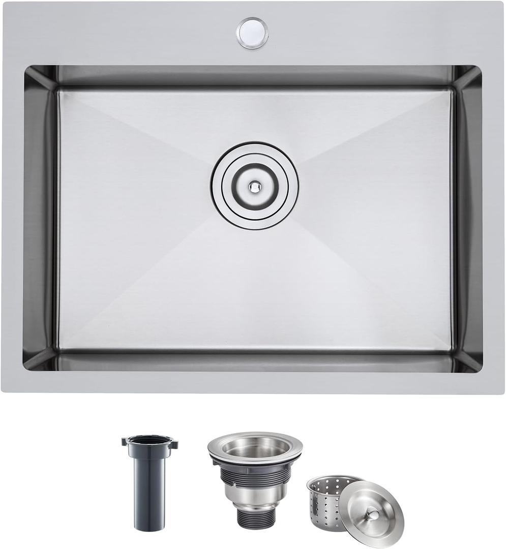MENATT Brushed Nickel 20 Inch Drop in Kitchen Sink, 18 Gauge Stainless Steel Topmount Single Bowl 1 Faucet Hole Topmount Kitchen Sink with Drainer, D20"xW16"xH9"