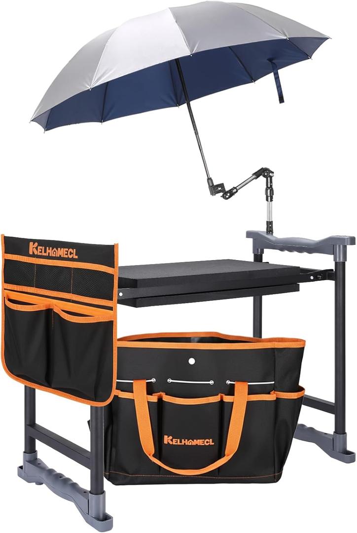 Garden Kneeler and Seat with Umbrella, 2-in-1 Foldable Gardening Stool with Adjustable Bracket, Detachable Tool Bags, Heavy Duty Kneeling Pad for Gardening (Black Orange)