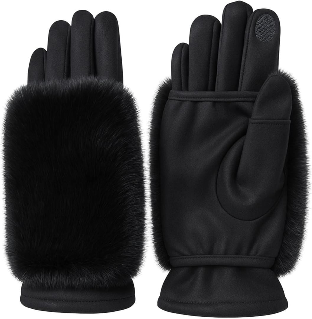 Touchscreen Winter Gloves for Women: 3-in-1 Convertible Fingerless & Full, Detachable Faux Fur Cuffs, Driving (Black)