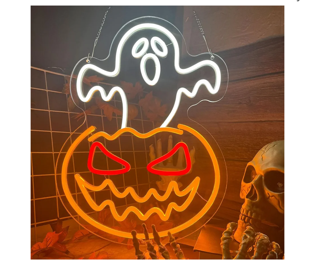 Halloween Ghost Pumpkin Neon Sign,Ghost Face Neon Light Spooky Pumpkin Neon Light Up Signs Dimmable LED Halloween Skull LED Sign for Bedroom Game Room Mancave Bar Halloween Party