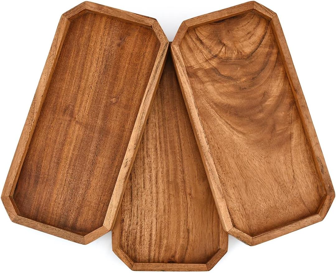 Platters Acacia Wood Serving Platter with Raised Edge -Set of 3 for Charcuterie Cheese Bread Fruit Vegetable Dip Sushi (12" X 6" X 0.75")