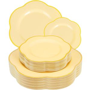 Liacere 50PCS Yellow Plastic Plates - Heavy Duty Disposable -Yellow and Gold Include 25PCS 7inch and 25PCS 10inch Plates for Mothers Day & Baby Shower & Spring & Party