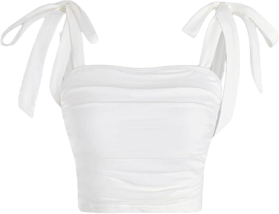 Milumia Women's Ruched Tie Shoulder Crop Cami Top Solid Sleeveless Fitted Tank Tops (Large, White)