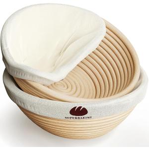 Superbaking 2 pcs Banneton Bread Proofing Basket, 9" SplinterFree Round Rattan Bread Basket with Liners, Sourdough Starter Kit, Sourdough Bread Baking Supplies & Sourdough Kit, Bread Making Tools