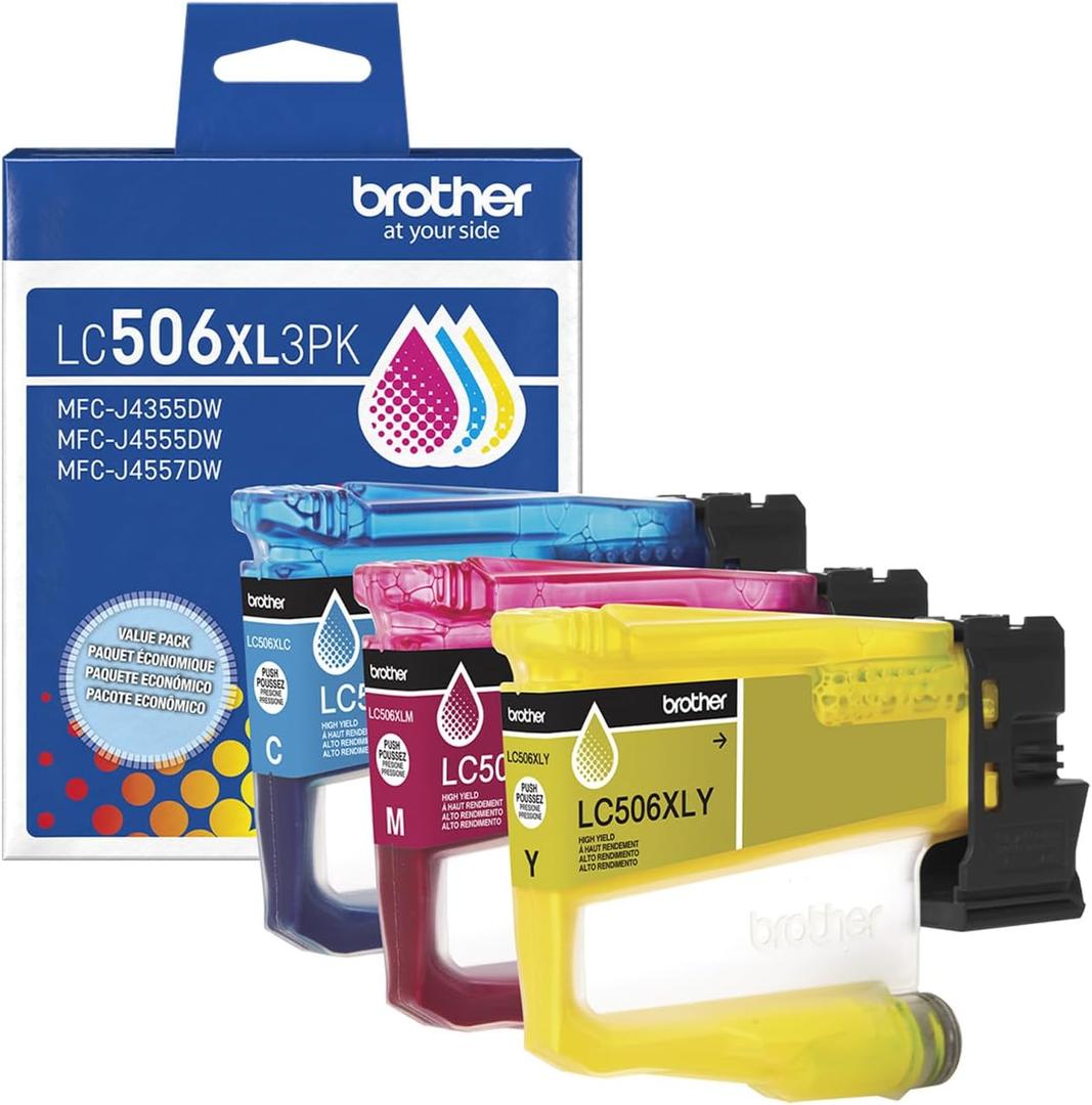 Brother Genuine LC506XL3PK 3-Pack High Yield Cyan, Magenta, and Yellow Ink Cartridges (for use with INKvestment 4355, 4555, and 4557 Printers)