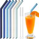 NiHome 6PCS Extra Wide Reusable Bent Silicone Straws for Boba, Smoothies, Bubble Tea, Bent Straws for Thick Drinks, Child-Safe, Customizable Length, 2 Brushes Easy Cleaning (Ocean Colors)