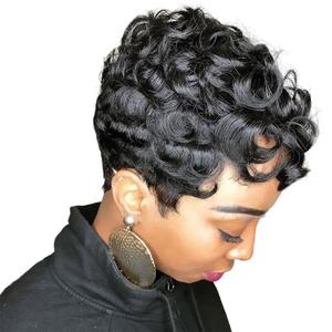 MOONSHOW Short Pixie Wigs for Black Women Short Black Curly Pixie Wig Synthetic Short Hair Wigs for Black Women Natural Wavy Black Pixie Cut Wig (Natural Black)
