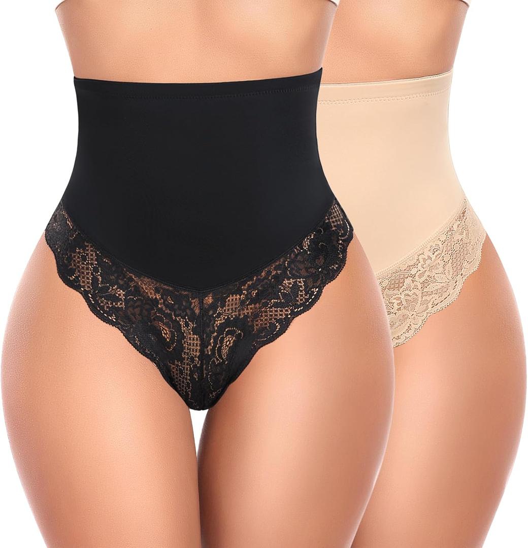 Tummy Control Thong Shapewear for Women Mid High Waist Shaper Panties Girdle Lace Shaping Thong Underwear (X-Large, 1# a Black+beige(mix Pack)