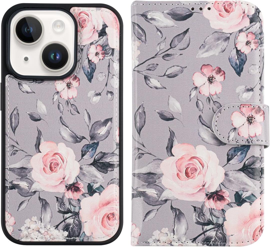 for iPhone 14 Plus Wallet Case,Detachable Flip Folio Cover RFID Blocking 4 Card Slots Holder Premium PU Leather Magnetic Kickstand Protective Phone Case 6.7" Elegant Pink Floral