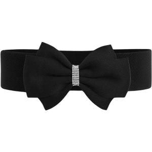 Verdusa Women's Rhinestone Bow Elastic Wide Belts Stretchy Waist Buckle Belt (suit waist size:33.5-37.4", Black)