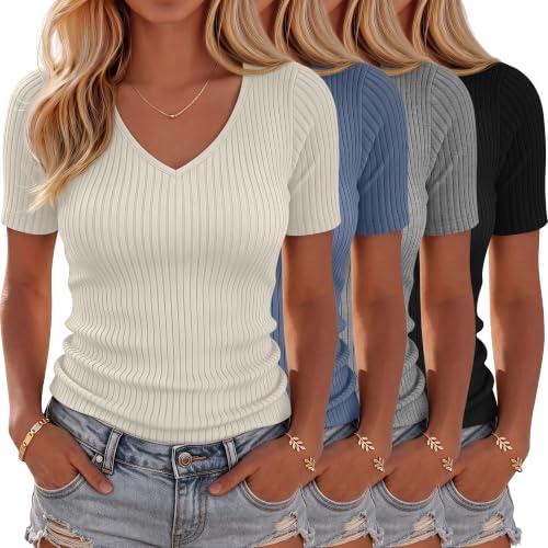 Neer 3 Pack Women's Cotton Short Sleeve T-Shirts V Neck Ribbed Slim Fit Tops Casual Summer Basic Tee Multipack(Black, Light Mixed Gray, Denim Blue, Cream,Medium)
