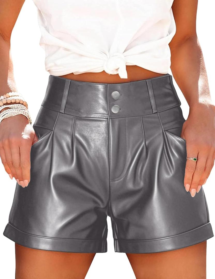 Fallorchid Women's Faux Leather High Waist Shorts Pleated Wide Leg Pants Shorts with Pockets (Large, Gray)