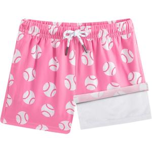 BRISIRA Boys Swim Trunks Bathing Suit Compression Boxer Brief Liner Anti-Chafe Swimsuit Swim Shorts Toddler Kids Youth Teen (10-12 Years, Pink Whitebaseball)
