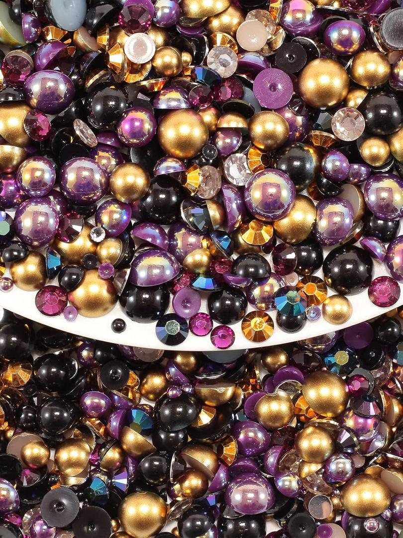Rhinova 100g Mix Pearls and Rhinestones for Crafting, Sizes Range 3mm-10mm Pearl Beads for Bedazzler Rhinestones for Bedazzling Pearls for Crafting Sock Charms Nail Shoe Mugs (Regal Amethyst Mix)
