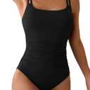 Eomenie One Piece Swimsuit for Women Tummy Control Ruched Bathing Suit Push Up Slimming Swim Suit Double Straps Swimwear, Black, L