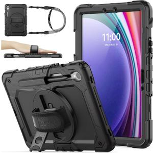 SEYMAC stock Case for Samsung Galaxy Tab S10 FE / S9 / S9 FE 5G Tablet Case Protective with Screen Protector, Pencil Holder, 360 Rotate Stand, Hand Strap, Shoulder Strap, Black1
